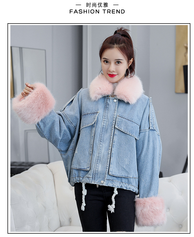 of loose and thickened plush liner with large fur collar cowboy extension over women 's cotton padded coat short coat