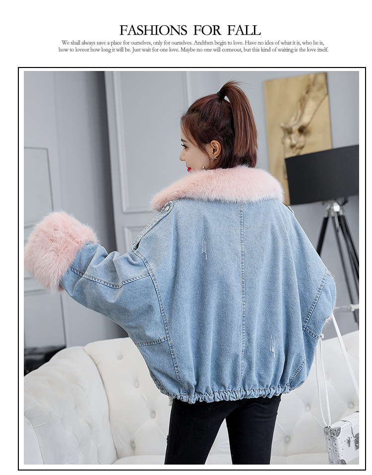 of loose and thickened plush liner with large fur collar cowboy extension over women 's cotton padded coat short coat