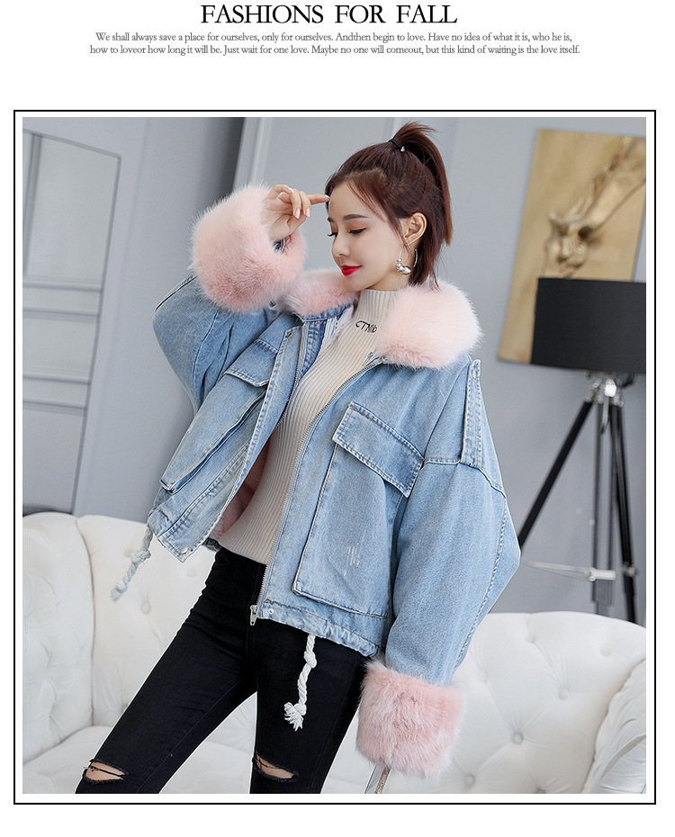 of loose and thickened plush liner with large fur collar cowboy extension over women 's cotton padded coat short coat