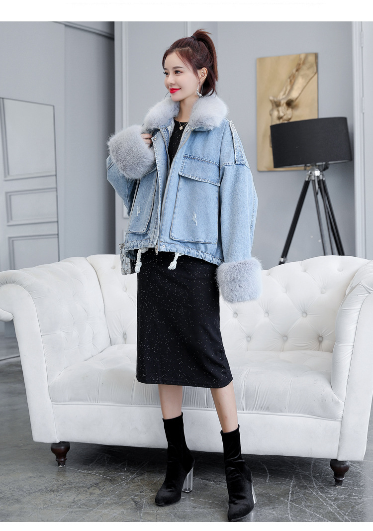 of loose and thickened plush liner with large fur collar cowboy extension over women 's cotton padded coat short coat