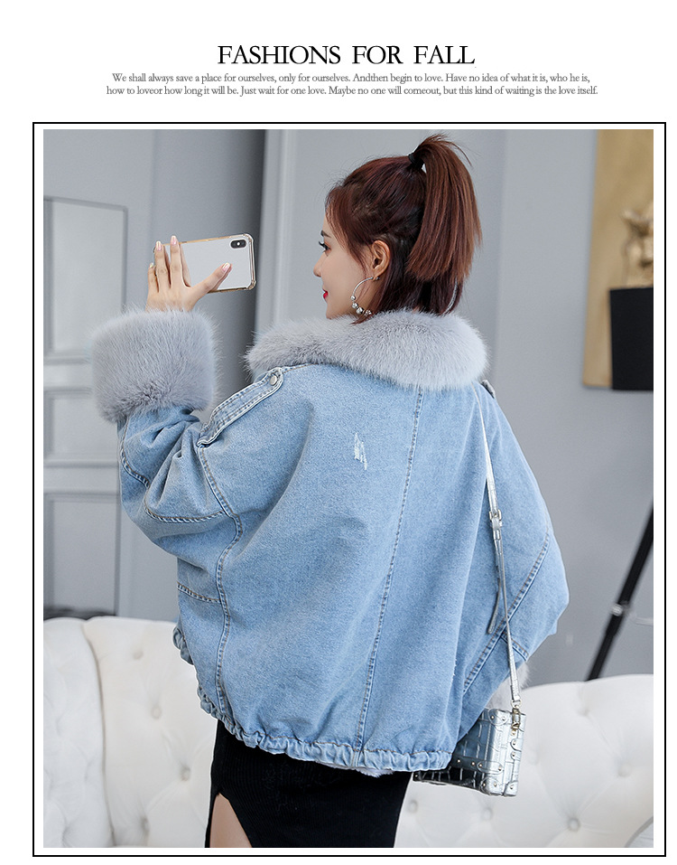 of loose and thickened plush liner with large fur collar cowboy extension over women 's cotton padded coat short coat