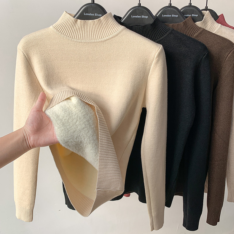 Velvet Padded Sweater Women&#039;s Winter 2021autumn and Winter New Thickened Integral Velvet Half-High Collar Inner Match Mink Fur Bottoming Shirt Fashion