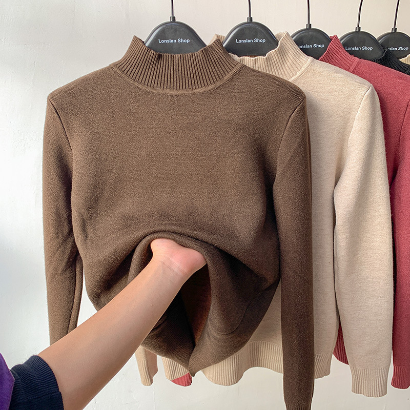 Velvet Padded Sweater Women&#039;s Winter 2021autumn and Winter New Thickened Integral Velvet Half-High Collar Inner Match Mink Fur Bottoming Shirt Fashion
