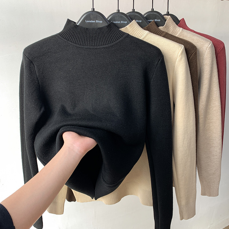 Velvet Padded Sweater Women&#039;s Winter 2021autumn and Winter New Thickened Integral Velvet Half-High Collar Inner Match Mink Fur Bottoming Shirt Fashion