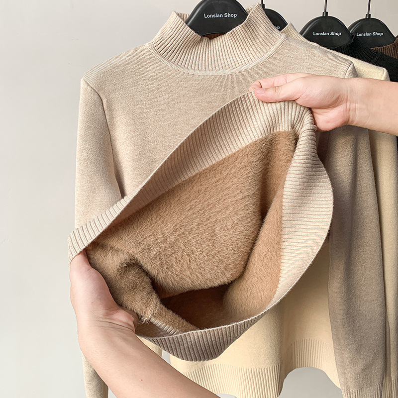 Velvet Padded Sweater Women&#039;s Winter 2021autumn and Winter New Thickened Integral Velvet Half-High Collar Inner Match Mink Fur Bottoming Shirt Fashion