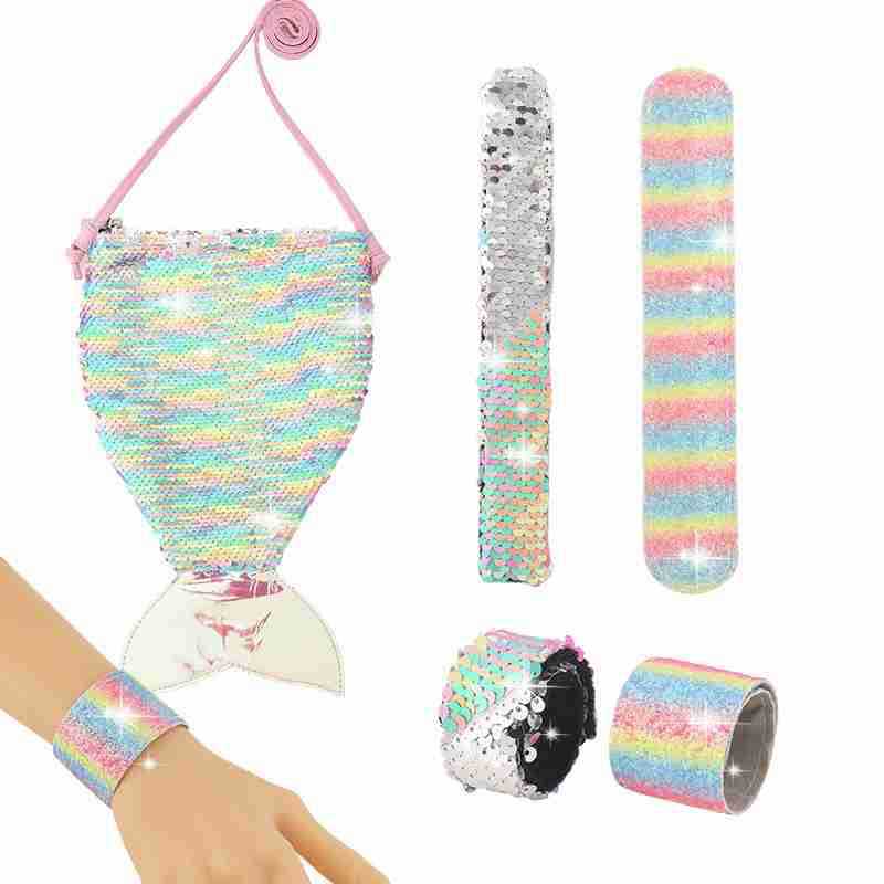 Cross-Border Hot Selling New Mermaid Tail Messenger Bag Single Handbag Sequin Racket Combination Set
