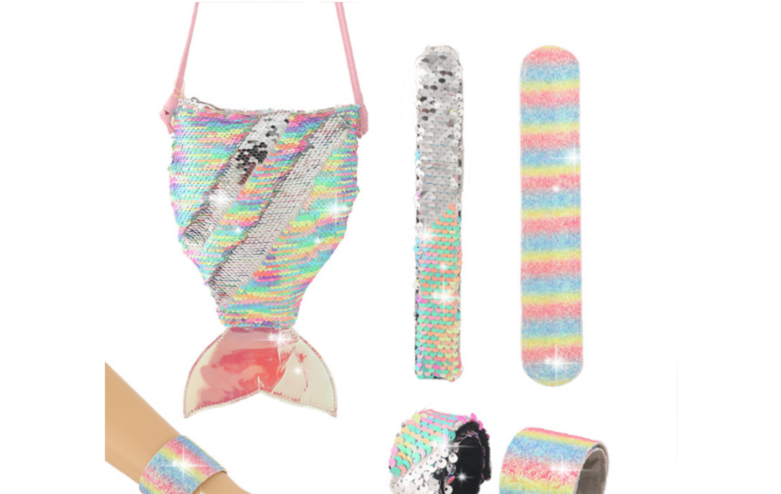 Cross-Border Hot Selling New Mermaid Tail Messenger Bag Single Handbag Sequin Racket Combination Set