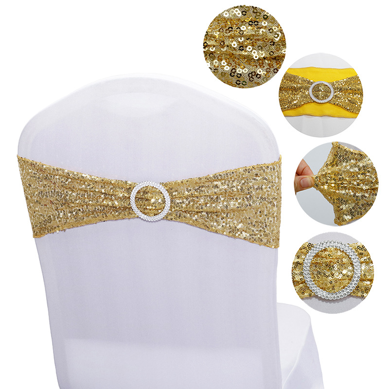 Factory Direct Supply Ins Hotel Wedding Celebration Decoration Wholesale Spandex Chair Cover Bow Chair Back Flowers Elastic Sequin Strap