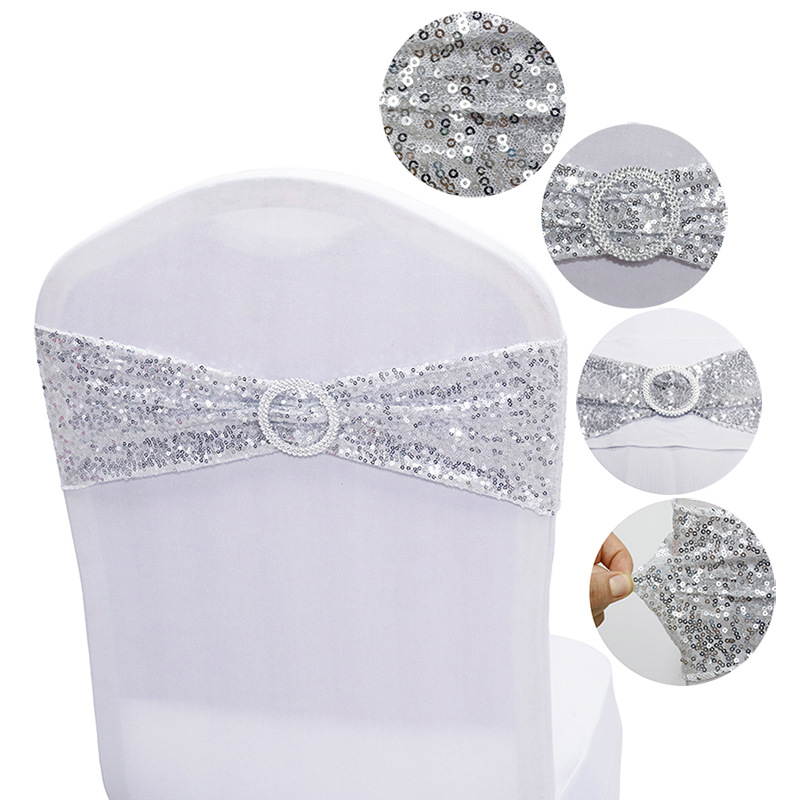 Factory Direct Supply Ins Hotel Wedding Celebration Decoration Wholesale Spandex Chair Cover Bow Chair Back Flowers Elastic Sequin Strap