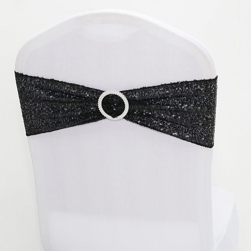 Factory Direct Supply Ins Hotel Wedding Celebration Decoration Wholesale Spandex Chair Cover Bow Chair Back Flowers Elastic Sequin Strap