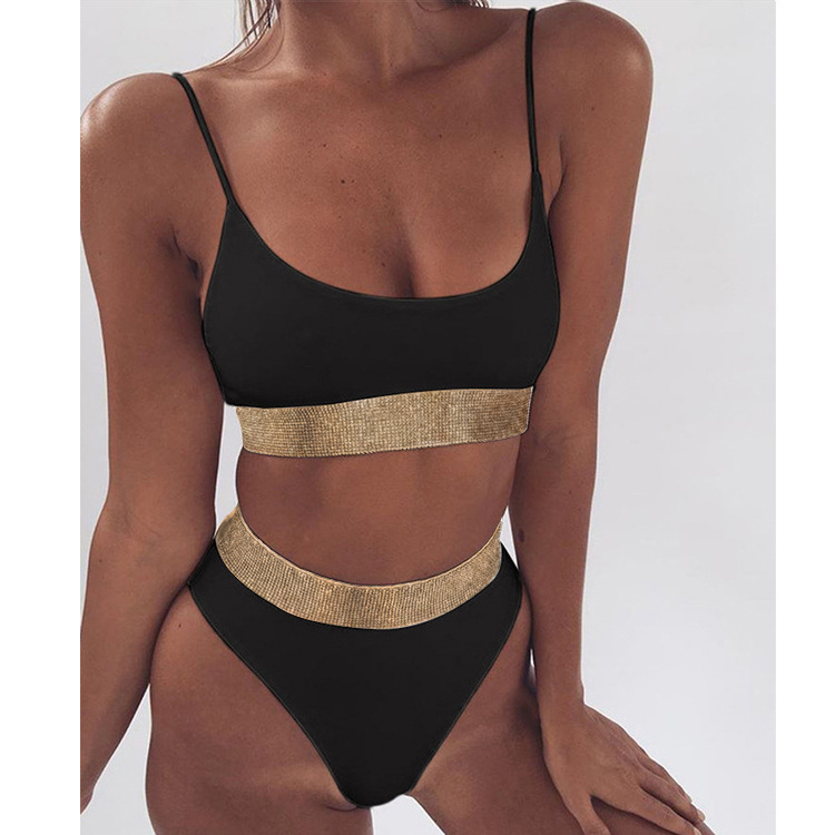 at AliExpress 2018 Sexy High Waist Bikini Split Swimsuit Women's Sequin Solid Color Bikini