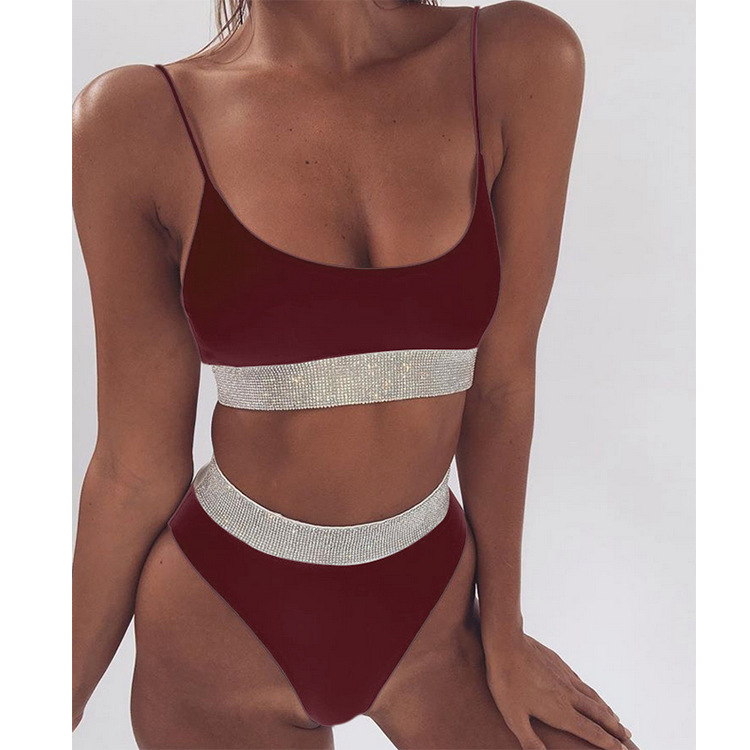 at AliExpress 2018 Sexy High Waist Bikini Split Swimsuit Women's Sequin Solid Color Bikini