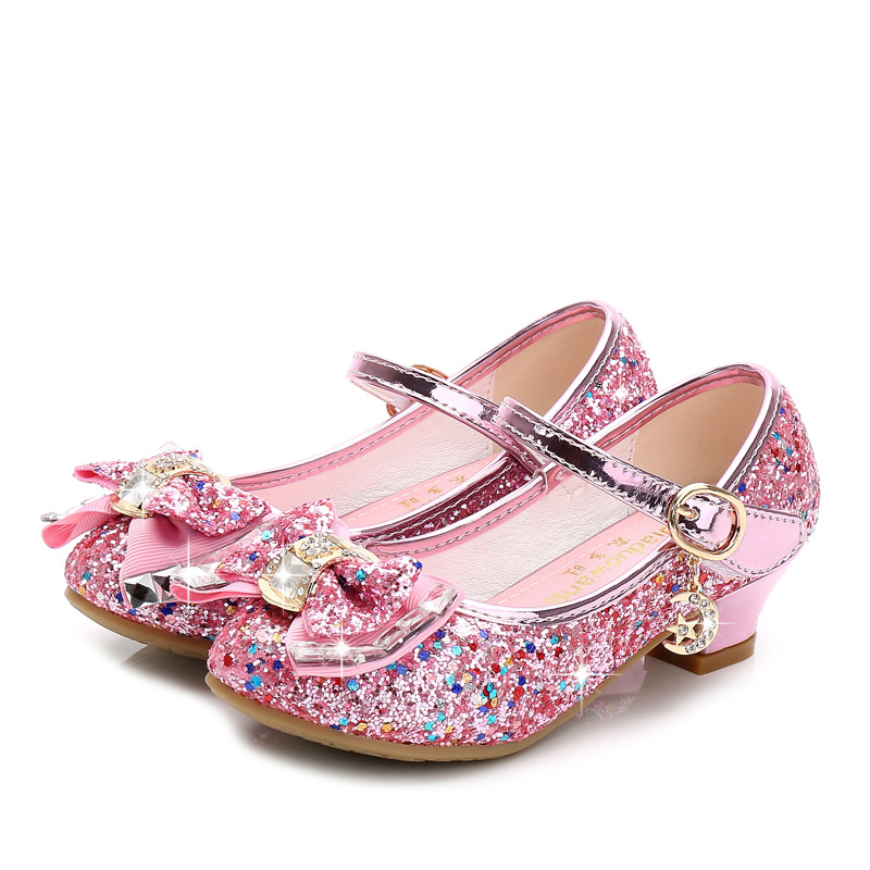 Autumn 2020 New Girls Small High Heel Shoes Sequin Shoes Surface Bow Decoration Children&#039;s Dance Shoes