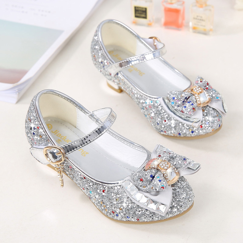 Autumn 2020 New Girls Small High Heel Shoes Sequin Shoes Surface Bow Decoration Children&#039;s Dance Shoes