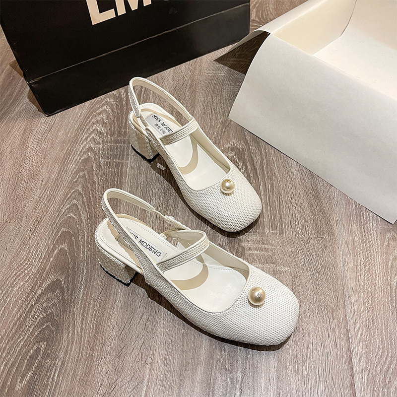 Mary Jane Women&#039;s Shoes 2022 Early Spring New Closed Toe Korean Sequined Pearl Hand Sewing Sequin Chunky Heel High Heel Hollow Back Shoes