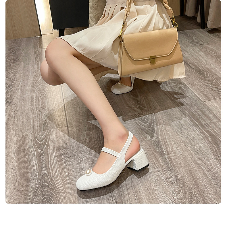 Mary Jane Women's Shoes 2022 Early Spring New Closed Toe Korean Sequined Pearl Hand Sewing Sequin Chunky Heel High Heel Hollow Back Shoes