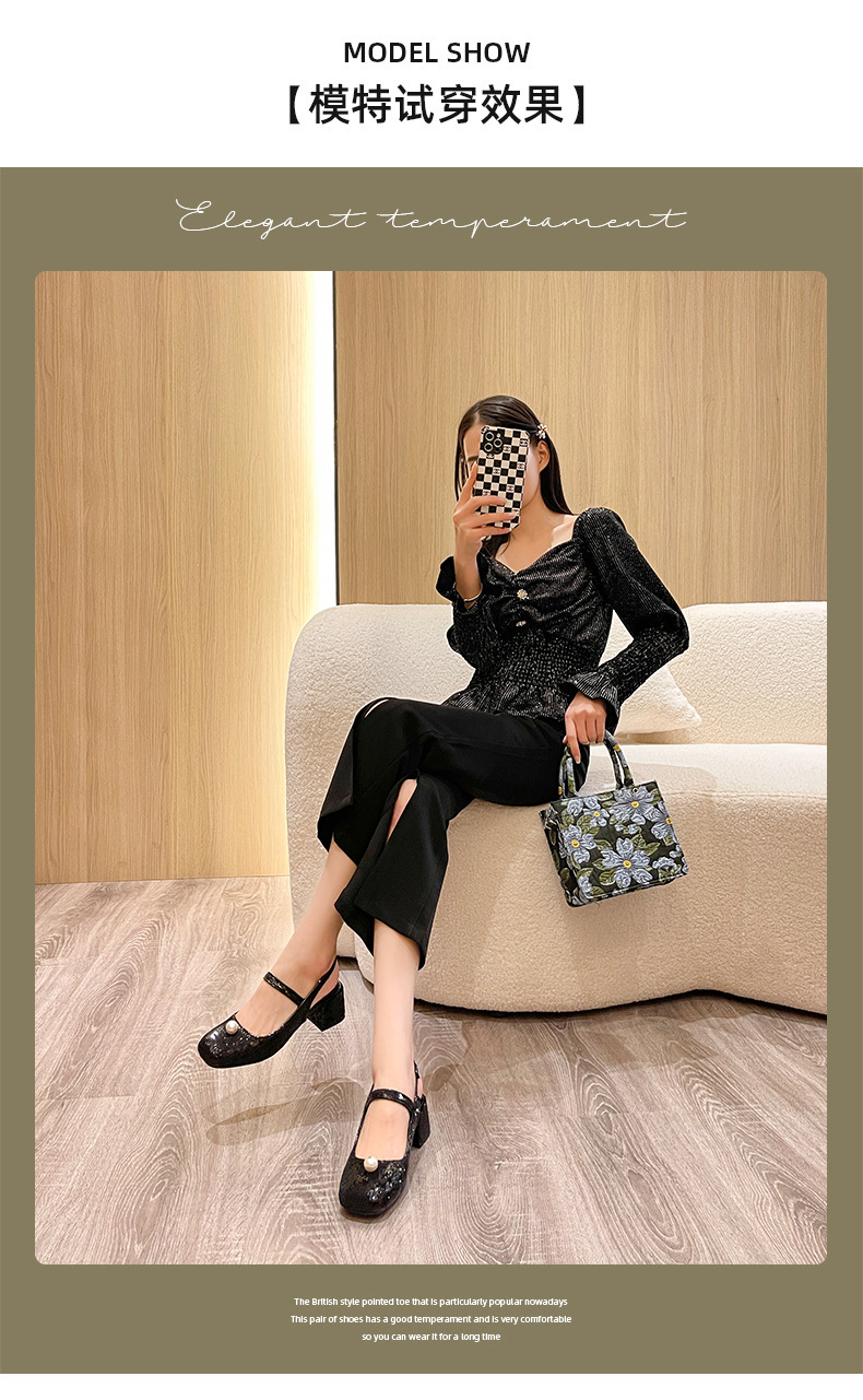 Mary Jane Women's Shoes 2022 Early Spring New Closed Toe Korean Sequined Pearl Hand Sewing Sequin Chunky Heel High Heel Hollow Back Shoes