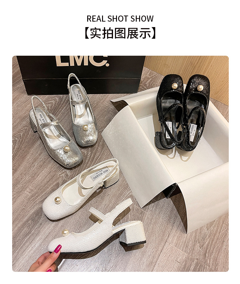 Mary Jane Women's Shoes 2022 Early Spring New Closed Toe Korean Sequined Pearl Hand Sewing Sequin Chunky Heel High Heel Hollow Back Shoes