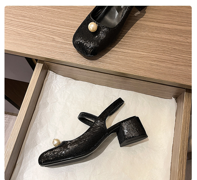 Mary Jane Women's Shoes 2022 Early Spring New Closed Toe Korean Sequined Pearl Hand Sewing Sequin Chunky Heel High Heel Hollow Back Shoes