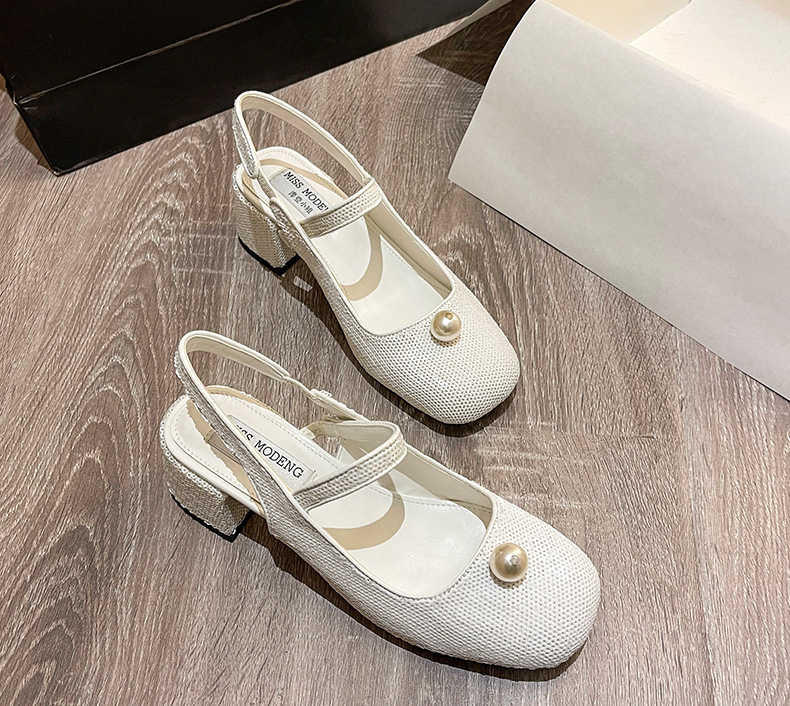 Mary Jane Women's Shoes 2022 Early Spring New Closed Toe Korean Sequined Pearl Hand Sewing Sequin Chunky Heel High Heel Hollow Back Shoes