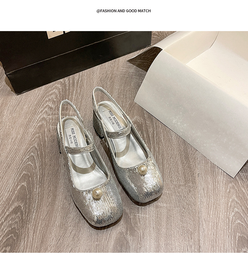 Mary Jane Women's Shoes 2022 Early Spring New Closed Toe Korean Sequined Pearl Hand Sewing Sequin Chunky Heel High Heel Hollow Back Shoes