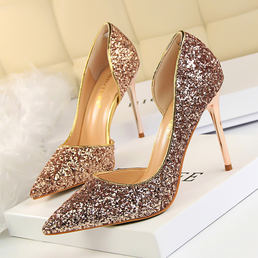 8688 Style Sexy Nightclubs Thinner Women&#039;s Shoes Stiletto Heel Shallow Mouth Pointed Toe Side Hollowout Sequin Pumps