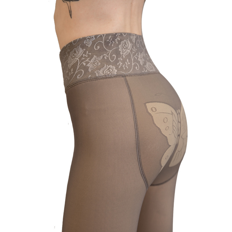 460G Stewardess Gray See-through Leggings Lace Edge Butterfly Socks High Waist Velvet Padded Thick Warm Pants Outer Wear One-Piece Trousers