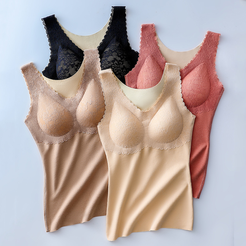Autumn and Winter Women&#039;s Double-Sided Brushed Seamless Dralon Warm Inner Latex Pad Vest Vest Bottoming Top Lace Edge