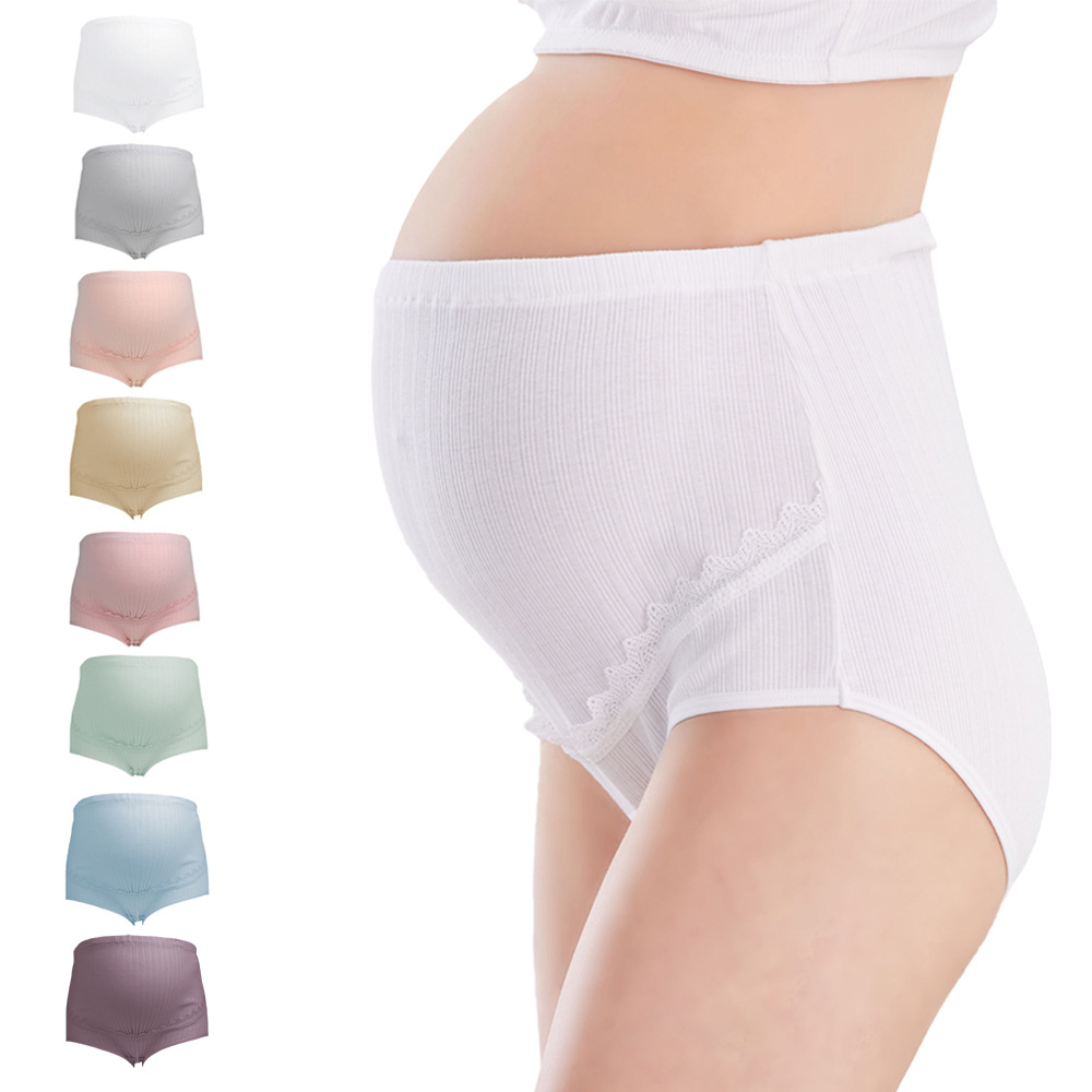 Preg Pregnant Women&#039;s Underpants Cotton Crotch Rib Adjustable High Waist Lace Edge Breathable Pregnancy Underwear 21023