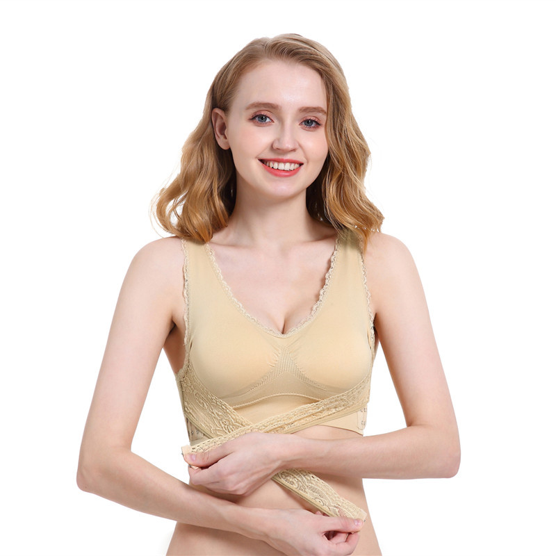 Cross Side Buckle Lace Edge No Steel Ring Large Size Sports Brassiere Super Gathered Adjustable Yoga Vest Underwear