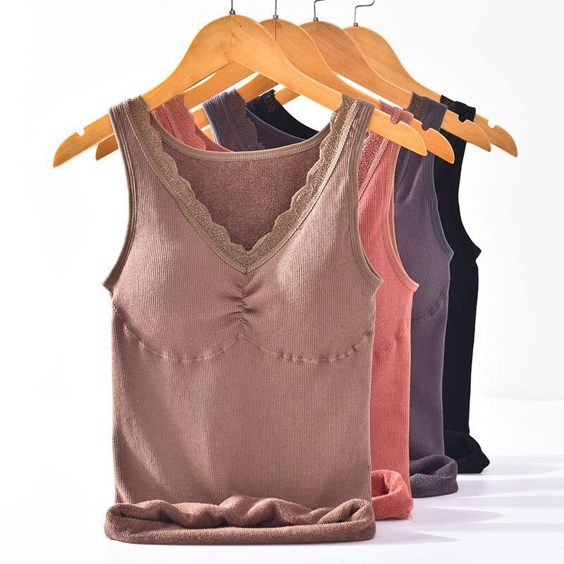 Velvet Lace Edge V-neck Terry Warm Vest Thickened Base with Chest Pad Warm Vest Beauty Back Underwear Women