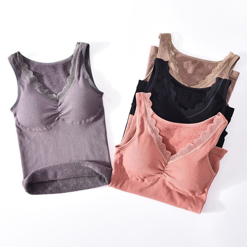 Velvet Lace Edge V-neck Terry Warm Vest Thickened Base with Chest Pad Warm Vest Beauty Back Underwear Women