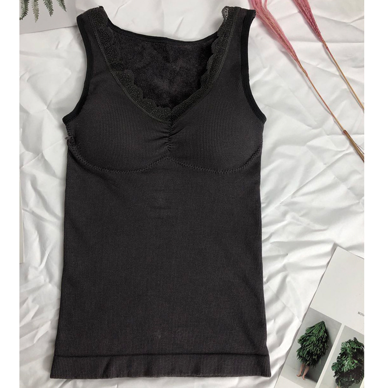 Velvet Lace Edge V-neck Terry Warm Vest Thickened Base with Chest Pad Warm Vest Beauty Back Underwear Women