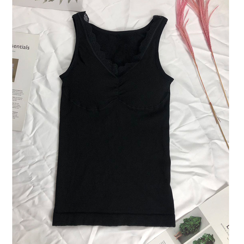 Velvet Lace Edge V-neck Terry Warm Vest Thickened Base with Chest Pad Warm Vest Beauty Back Underwear Women