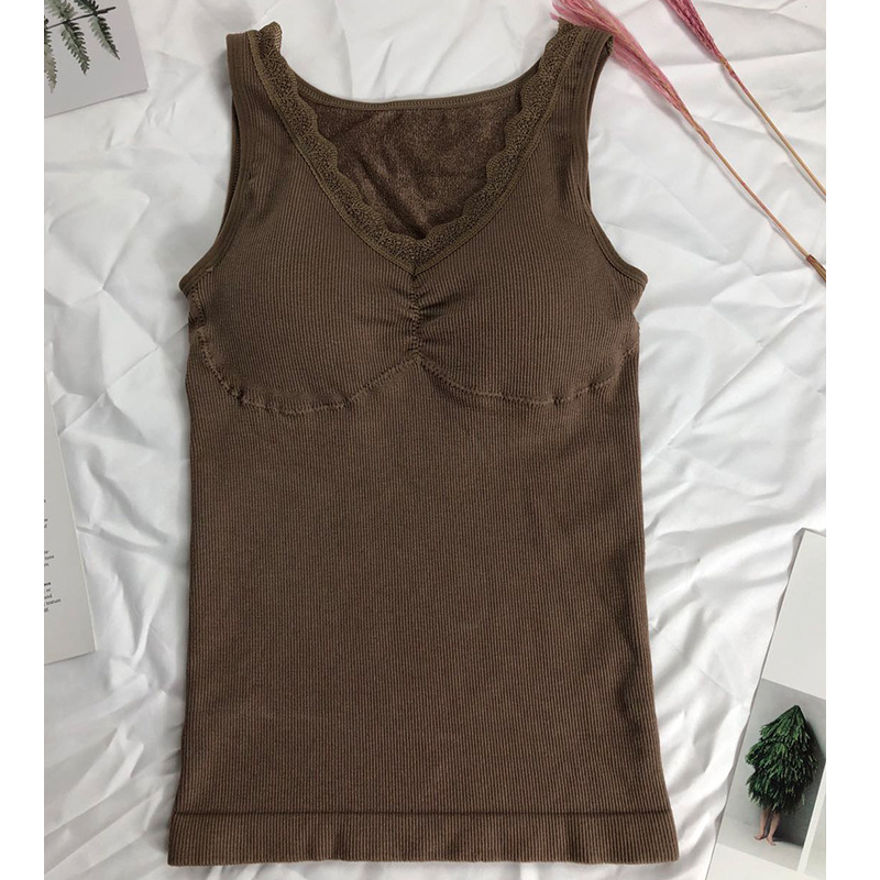 Velvet Lace Edge V-neck Terry Warm Vest Thickened Base with Chest Pad Warm Vest Beauty Back Underwear Women
