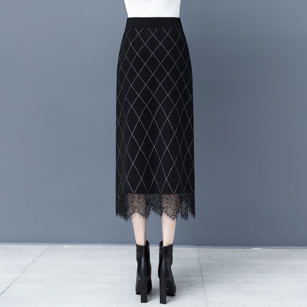 Plaid Knitted Skirt Mid-Length 2020 Autumn and Winter New Korean Style Waist Slimming Elegant Graceful Lace Edge