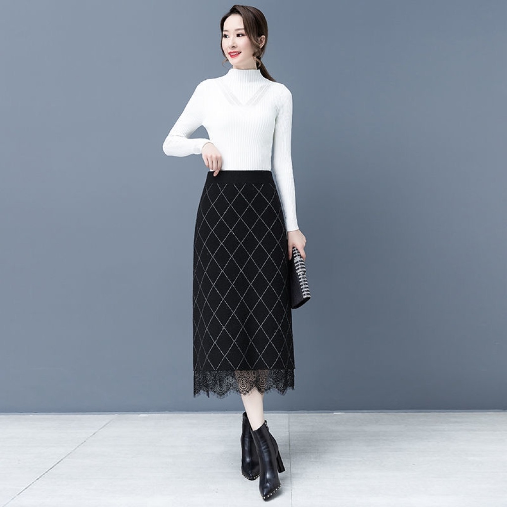 Plaid Knitted Skirt Mid-Length 2020 Autumn and Winter New Korean Style Waist Slimming Elegant Graceful Lace Edge