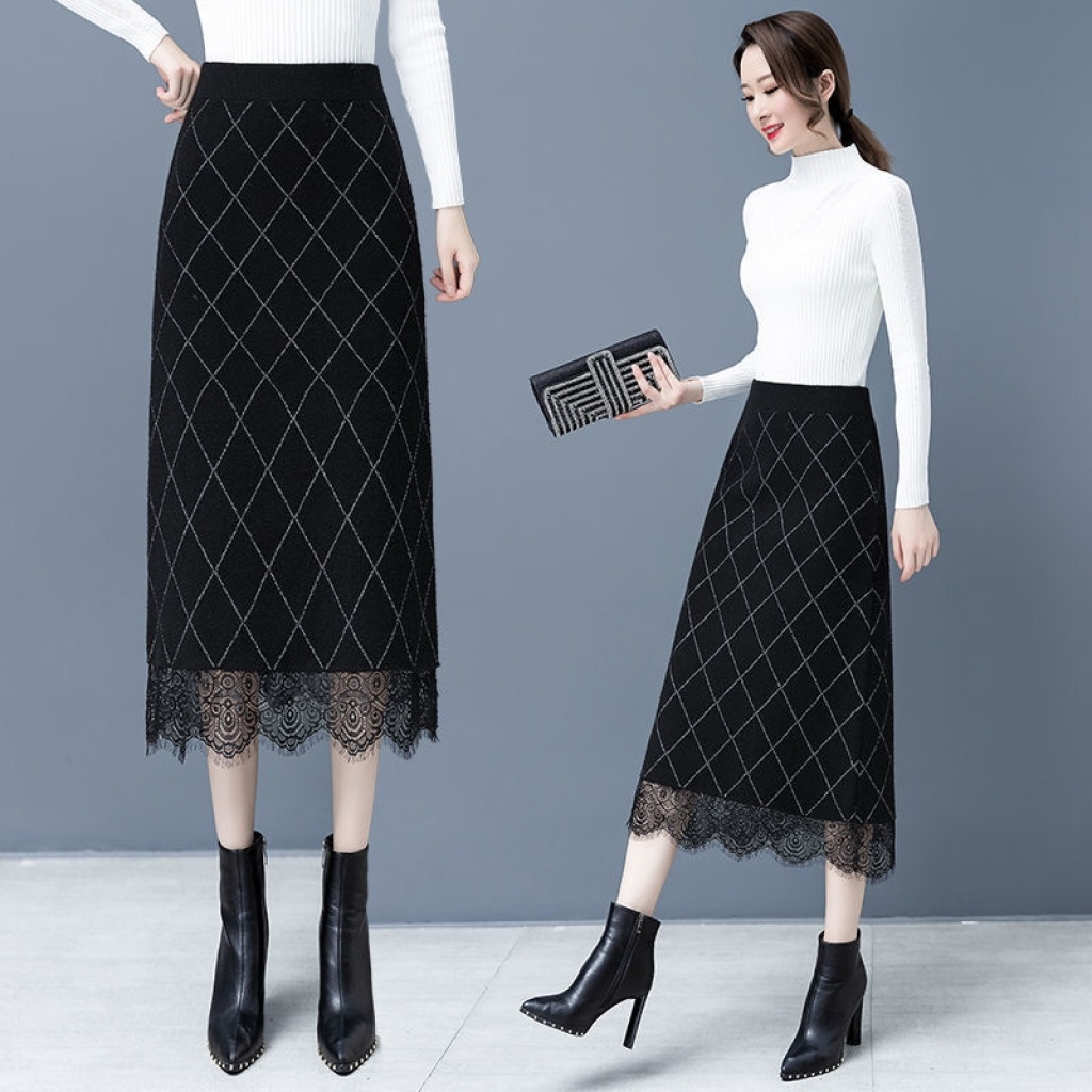 Plaid Knitted Skirt Mid-Length 2020 Autumn and Winter New Korean Style Waist Slimming Elegant Graceful Lace Edge