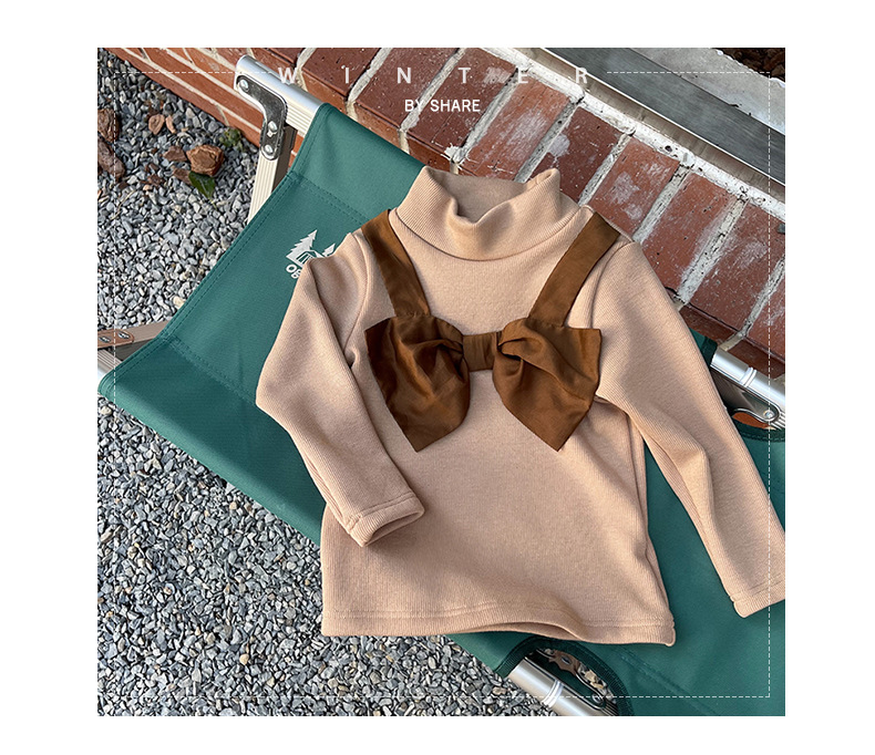 1Door Girls' Bowknot Bottoming Shirt Children's Winter Clothes Children's Half Turtleneck Bottoming Shirt Fleece-Lined