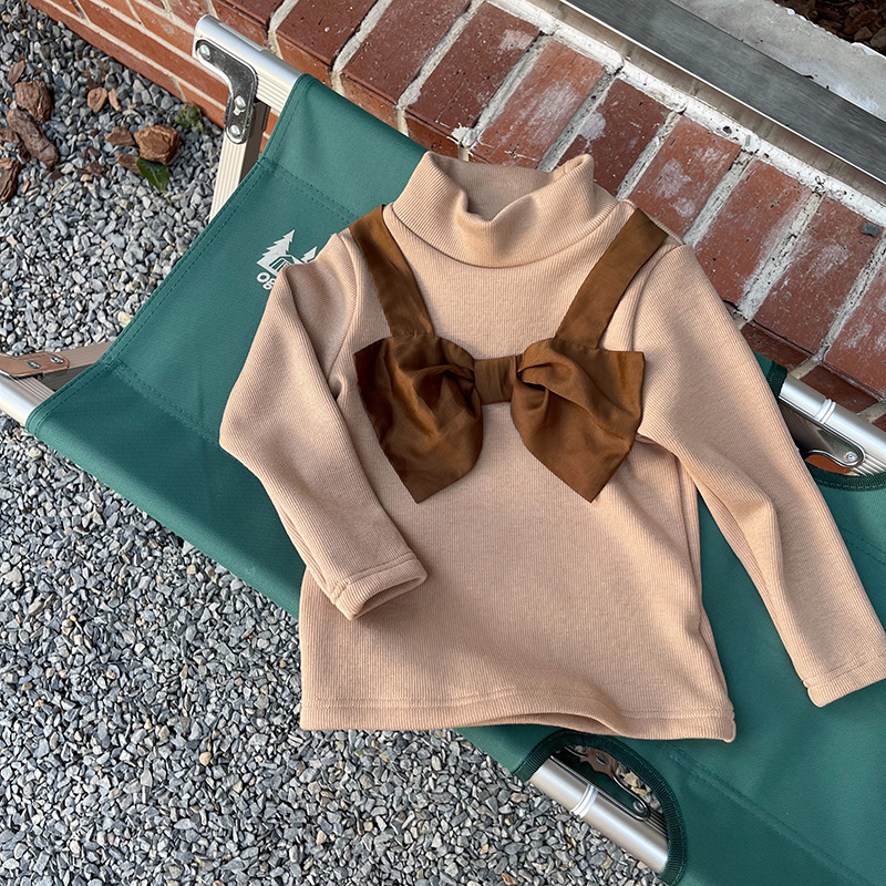 1Door Girls&#039; Bowknot Bottoming Shirt Children&#039;s Winter Clothes Children&#039;s Half Turtleneck Bottoming Shirt Fleece-Lined