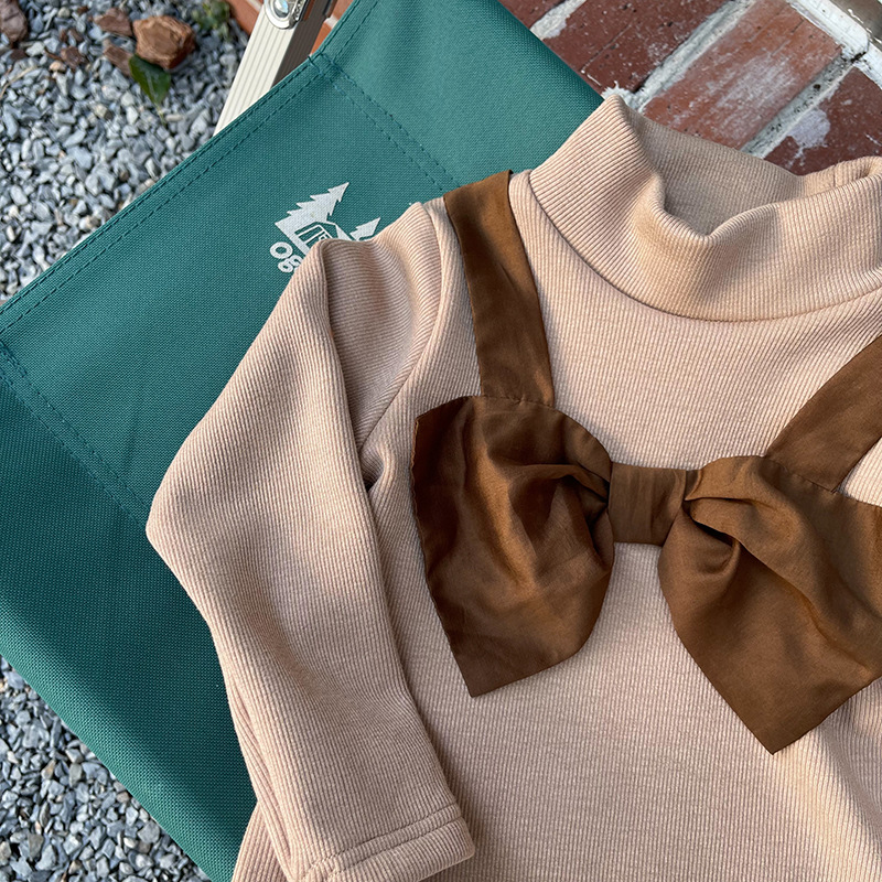 1Door Girls' Bowknot Bottoming Shirt Children's Winter Clothes Children's Half Turtleneck Bottoming Shirt Fleece-Lined