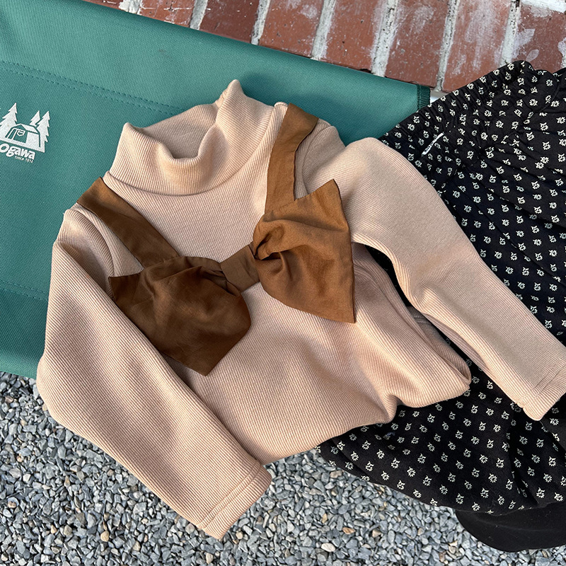 1Door Girls' Bowknot Bottoming Shirt Children's Winter Clothes Children's Half Turtleneck Bottoming Shirt Fleece-Lined