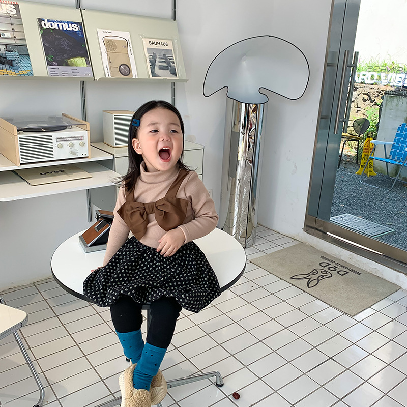 1Door Girls' Bowknot Bottoming Shirt Children's Winter Clothes Children's Half Turtleneck Bottoming Shirt Fleece-Lined