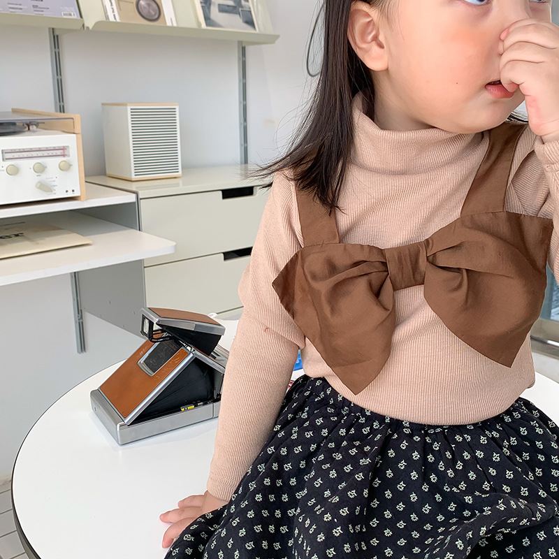 1Door Girls' Bowknot Bottoming Shirt Children's Winter Clothes Children's Half Turtleneck Bottoming Shirt Fleece-Lined
