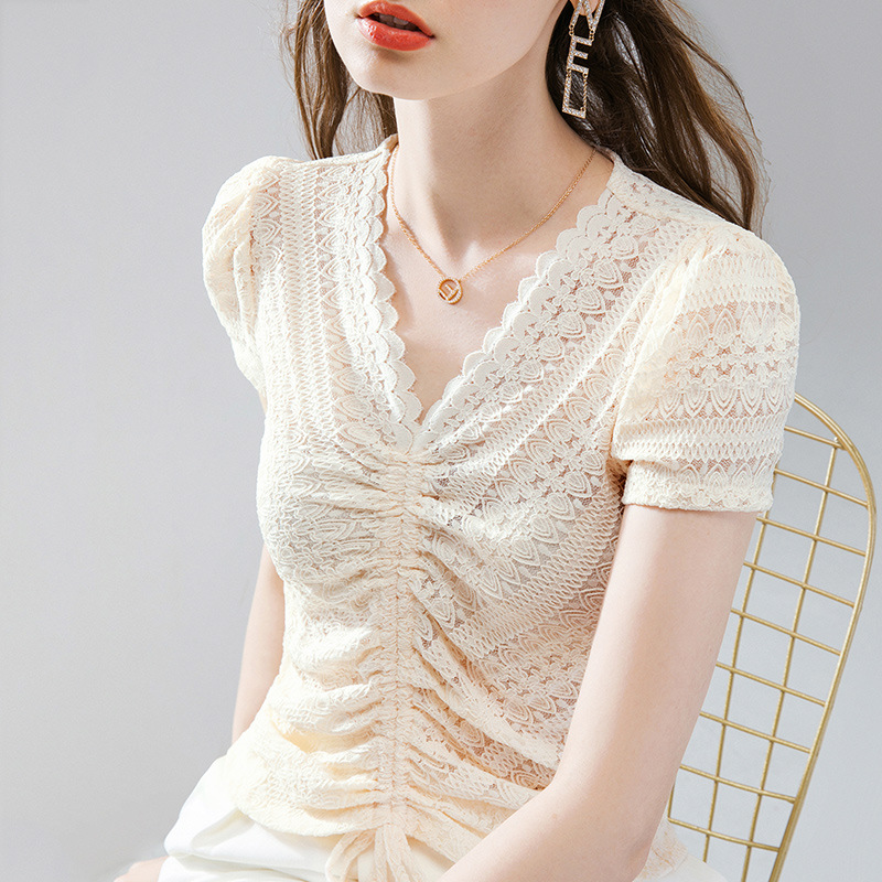 women with wavy edge and Vneck lace shirt for women with summer 2020 blouse with pleated drawstring and bubble sleeve