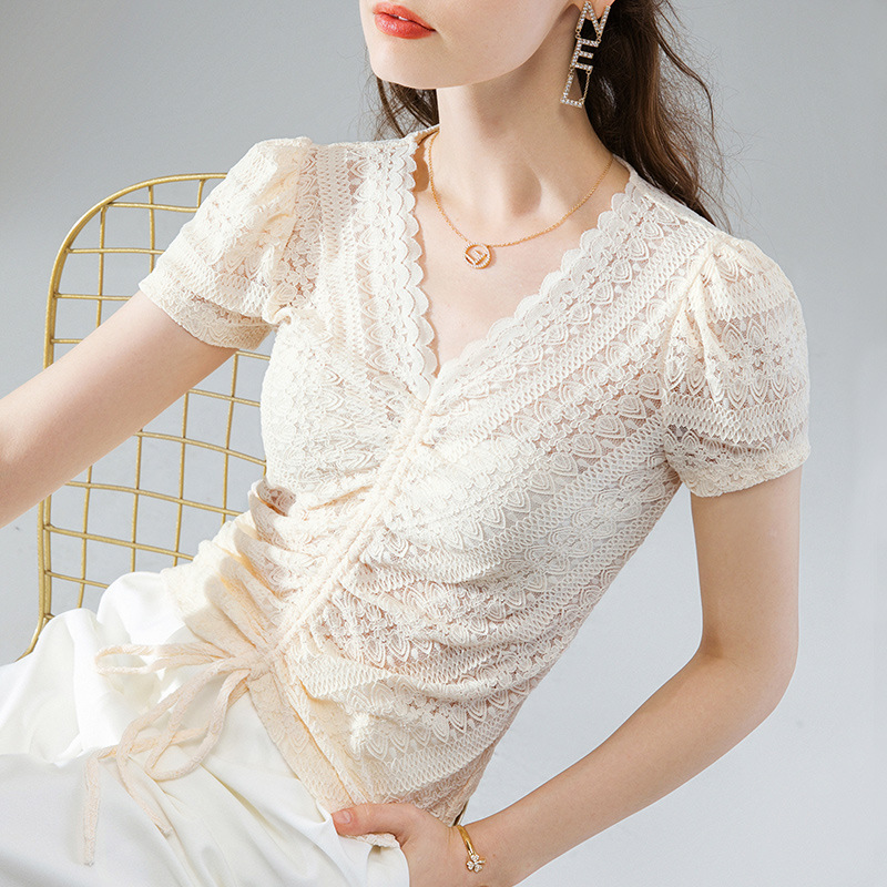women with wavy edge and Vneck lace shirt for women with summer 2020 blouse with pleated drawstring and bubble sleeve