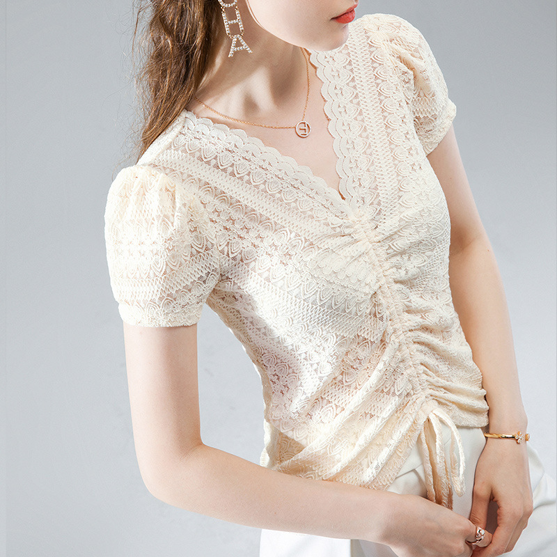 women with wavy edge and Vneck lace shirt for women with summer 2020 blouse with pleated drawstring and bubble sleeve