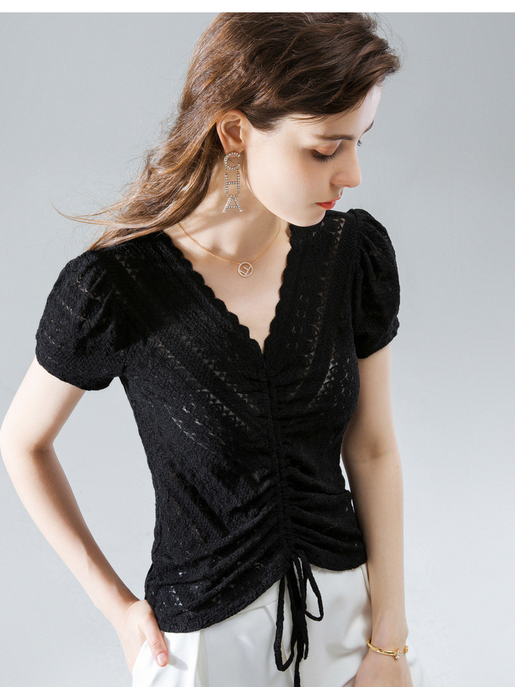 women with wavy edge and Vneck lace shirt for women with summer 2020 blouse with pleated drawstring and bubble sleeve