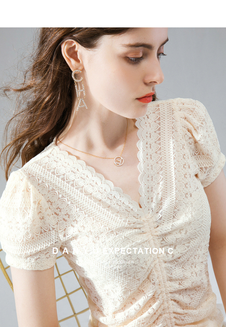 women with wavy edge and Vneck lace shirt for women with summer 2020 blouse with pleated drawstring and bubble sleeve
