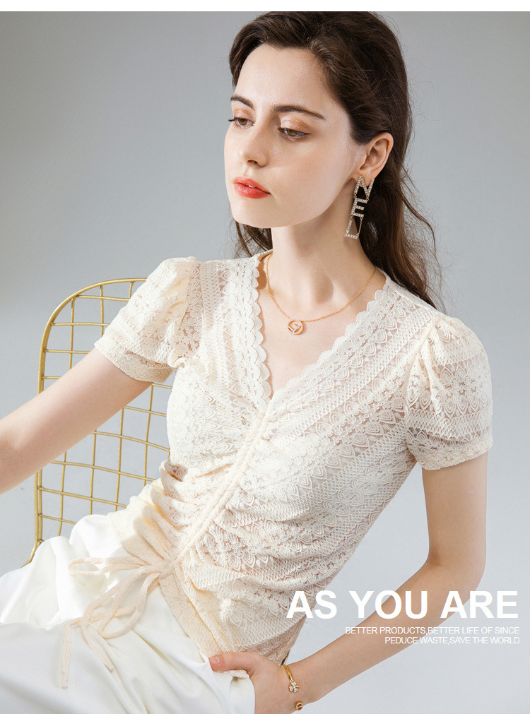 women with wavy edge and Vneck lace shirt for women with summer 2020 blouse with pleated drawstring and bubble sleeve